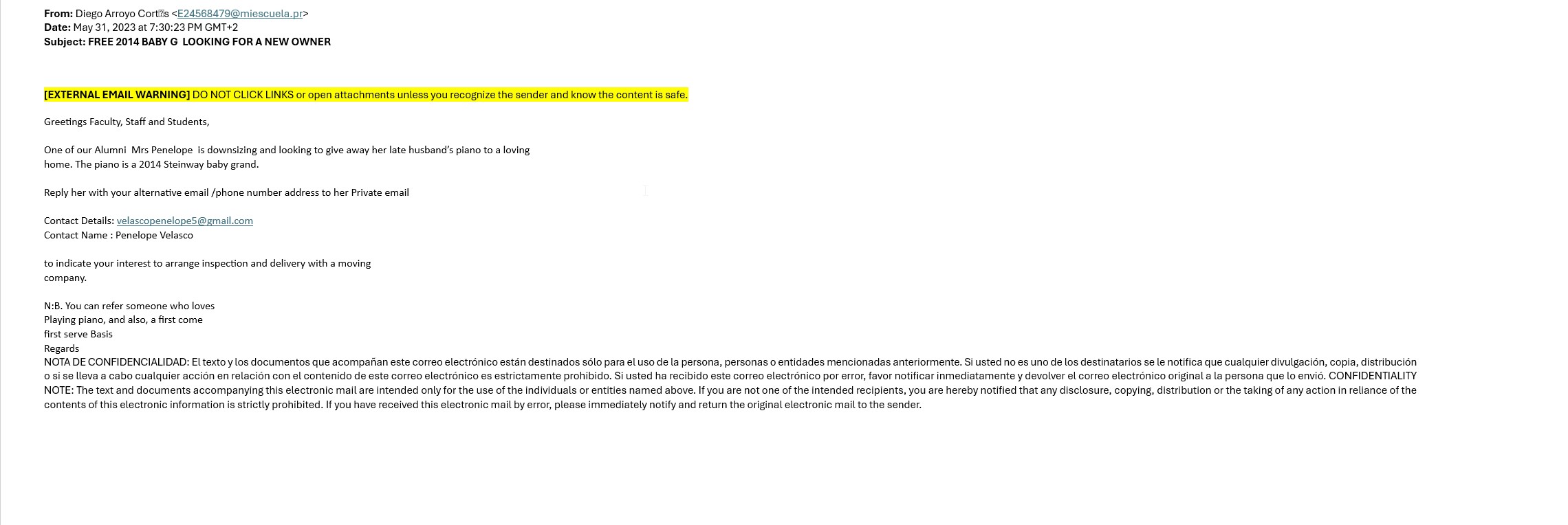 Screenshot of scam email asking to send payment information