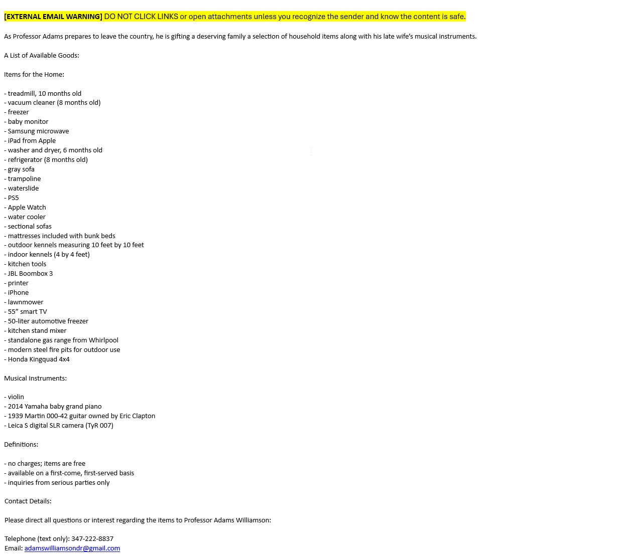 Screenshot of free item email scam