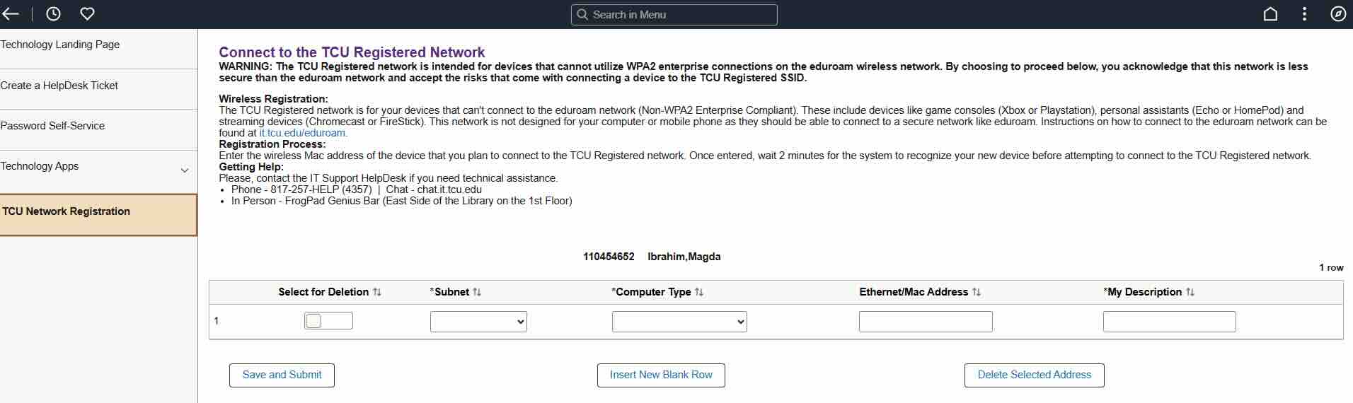 Screenshot of input page for TCU Registered network