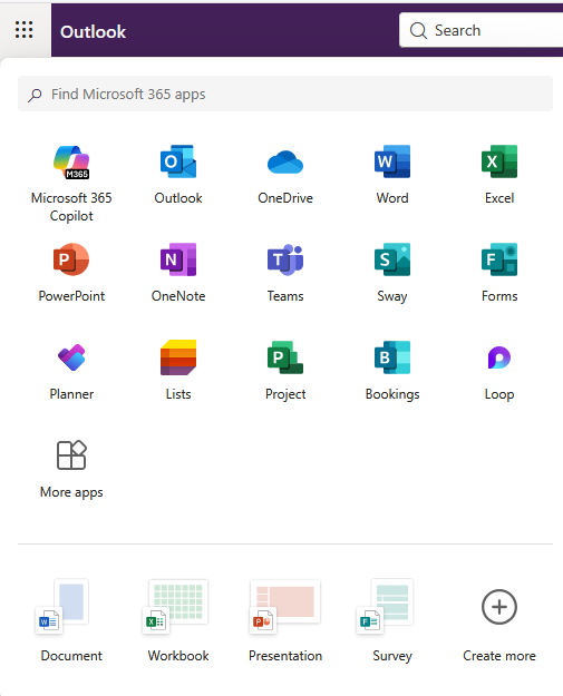 Screenshot of apps dropdown